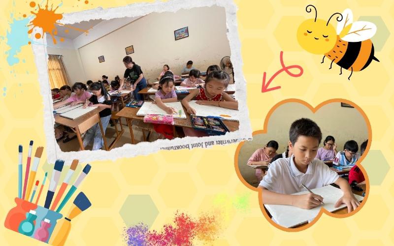 Học sinh lớp 7 phác thảo ý tưởng cho bức vẽ tranh bảo vệ môi trường, thể hiện sự sáng tạo ban đầu về chủ đề